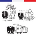 French alphabet. Unicorn, violet, rail car. Vector letters and characters