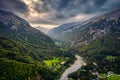 French Alps landscape of Giffre valley mountain range in the sunset at Sixt Fer a Cheval, France Royalty Free Stock Photo