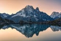 French alps landscape of Lac Blanc with Mont Blanc massif with male traveler reflected on the lake at Chamonix, France Royalty Free Stock Photo