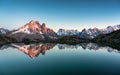 French alps landscape of Lac Blanc with Mont Blanc mountain range reflected on lake in the sunset at Chamonix, France Royalty Free Stock Photo