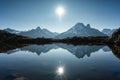 French Alps landscape of Lac des Cheserys with Mont Blanc massif and trail runner reflection at France Royalty Free Stock Photo