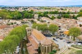 French ancient town Carcassonne panoramic view. Old castle with high stone walls. Famous tourist destionation in France, South