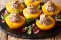 French appetizer of peaches stuffed with tuna mousse and walnuts