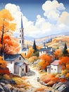 French Autumn - A Painting Of A Village With Trees And A Church