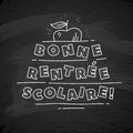 French Back to school text drawing by white chalk in blackboard with school items and elements. Vector illustration banner