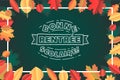 French Back to School text drawing by white chalk on Green Chalkboard. Autumn leaves education vector illustration banner.