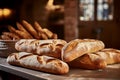 French baguette breads on counter in a French bakery shop Royalty Free Stock Photo