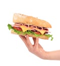 French baguette fresh sandwich in hand. Royalty Free Stock Photo