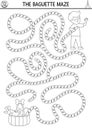 French baguette maze. Funny France black and white labyrinth for kids with traditional pastry. Preschool printable activity.