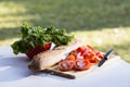 French baguette with a salad and tomatoes with a grass background