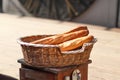 French baguettes in metal basket in bakery Royalty Free Stock Photo