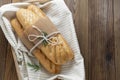 French baguettes on wooden table, rustic style. Pastry, breakfast, bread for sandwich isolated, copy space Royalty Free Stock Photo