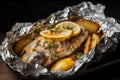 French baked fish with potatoes. Generate ai Royalty Free Stock Photo