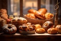 French bakery, different kinds of delicious fresh breads, cakes, buns and pastries in a baker shop cafe Royalty Free Stock Photo