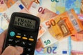French bank charges concept with a calculator with euro banknotes in the background Royalty Free Stock Photo