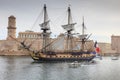 French battle ship, l`Hermione. In the old harbor of Marseille, France Royalty Free Stock Photo