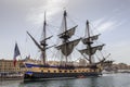 French battle ship, l`Hermione. In the old harbor of Marseille, France Royalty Free Stock Photo