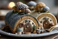 French Bche de Nol with meringue mushrooms Yule log cake Royalty Free Stock Photo