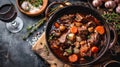 French Beef Bourguignon Dish, Stew Braised in Red Burgundy Wine, French Dish Promotion Background Royalty Free Stock Photo