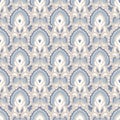 French blu paisley shabby damask vector texture background. Antique white blue buta seamless pattern. Hand drawn floral