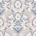 French blu shabby chic damask vector texture background. Antique white blue heart seamless pattern. Hand drawn floral Royalty Free Stock Photo