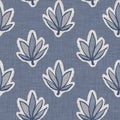 French blue botanical leaf linen seamless pattern with 2 tone country cottage style motif. Simple vintage rustic fabric