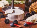 French soft cheese, roquefort and red wine served with blackberries and other spices, close-up