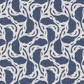 French blue doodle motif linen seamless pattern. Tonal country cottage style abstract scribble motif background. Simple