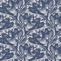 French blue floral linen seamless pattern with 2 tone country cottage style botanical motif. Simple vintage rustic