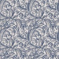 French blue floral linen seamless pattern with 2 tone country cottage style botanical motif. Simple vintage rustic