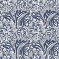 French blue floral linen seamless pattern with 2 tone country cottage style botanical motif. Simple vintage rustic