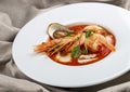 French bouillabaisse fish soup with shrimp, mussels and scallop. In a white plate on a textile background Royalty Free Stock Photo