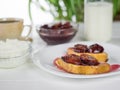 The French bread fried and slathered with plum jam. Royalty Free Stock Photo