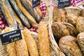 French breads with generic price signs on red checked cloth in French market.