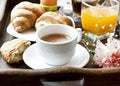 French Breakfast with Coffee, Flower and Croissants Royalty Free Stock Photo