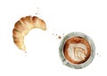 French breakfast food. Croissant and coffee cup. Food samples for a coffeeshop menu. Watercolour illustration isolated Royalty Free Stock Photo