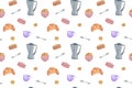 French breakfast repeat pattern of watercolor elements coffee pot croissant, macaroons spoon sugar bowl Royalty Free Stock Photo