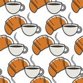 French breakfast seamless pattern croissant and coffee cup