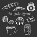 French Breakfast set, vector illustration, croissant, brioche, baguette, bread, coffee, juice, jam, dark background