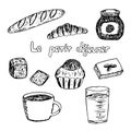 French Breakfast set, vector illustration, croissant, brioche, baguette, bread, coffee, juice, jam