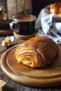 French breakfast: sweet puff pastry bun and cup of coffee