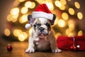 French Bull Dog wearing a Christmas Hat with many lights on the background. Generative AI