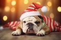 French Bull Dog wearing a Christmas Hat with many lights on the background. Generative AI