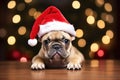 French Bull Dog wearing a Christmas Hat with many lights on the background. Generative AI