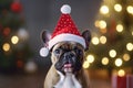 French Bull Dog wearing a Christmas Hat with many lights on the background. Generative AI