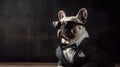 french bull dog wearing a neat suit and a bow tie, wearing sunglass, Generative AI