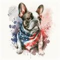 French bulldog with American flag and splashes watercolor illustration. Generative AI Royalty Free Stock Photo