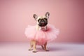 French Bulldog as a ballerina dancer in a tutu on pastel background. Dog dancing in ballerina outfit doing a pirouette. Classic Royalty Free Stock Photo