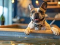 A French Bulldog beams joyfully during bath time, an adorable moment of home pet care Royalty Free Stock Photo