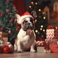 French bulldog Christmas tree hat gifts presents Royalty Free Stock Photo